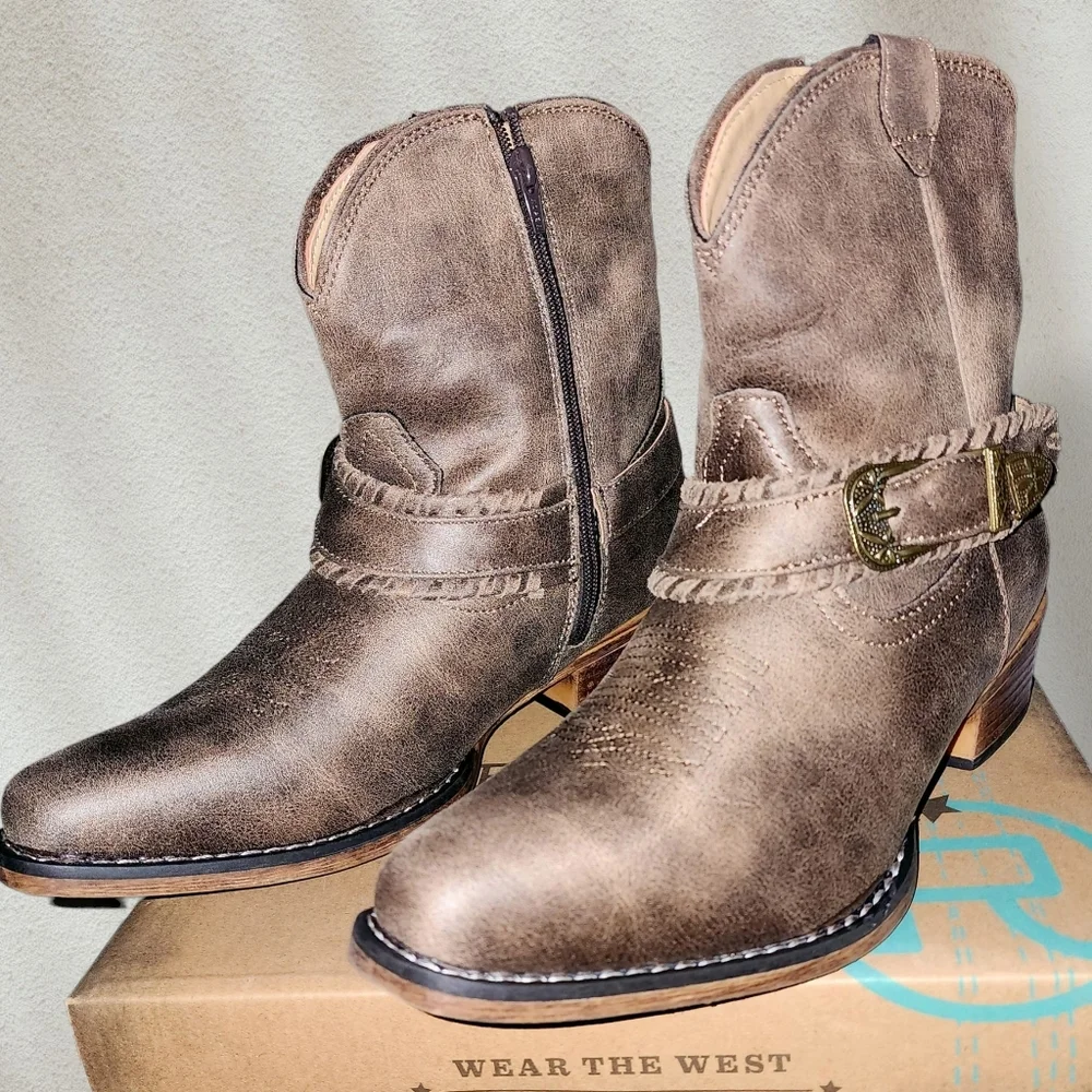 Roper Nelly Cowboy Boot Brown Country Vintage Shorty Snip - Picture 3 of 10